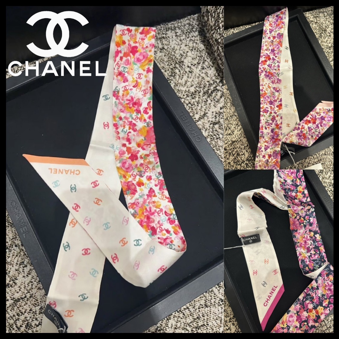 花柄とカラフルロゴのリバーシブル♪【CHANEL】 CCロゴ ツイリー