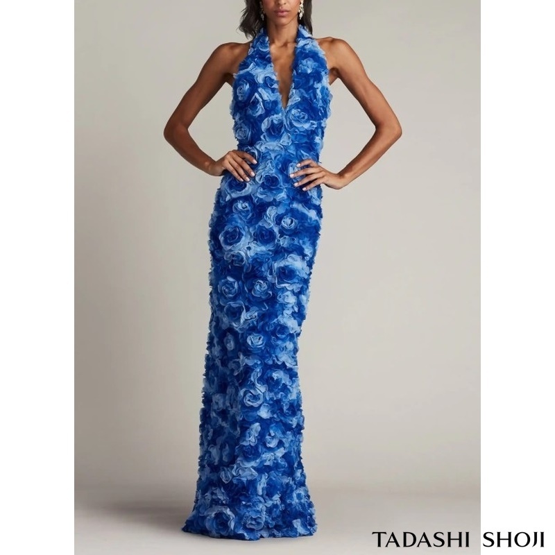 TADASHISHOJI SALE 立体ローズ Vネック ロングドレス ブルー