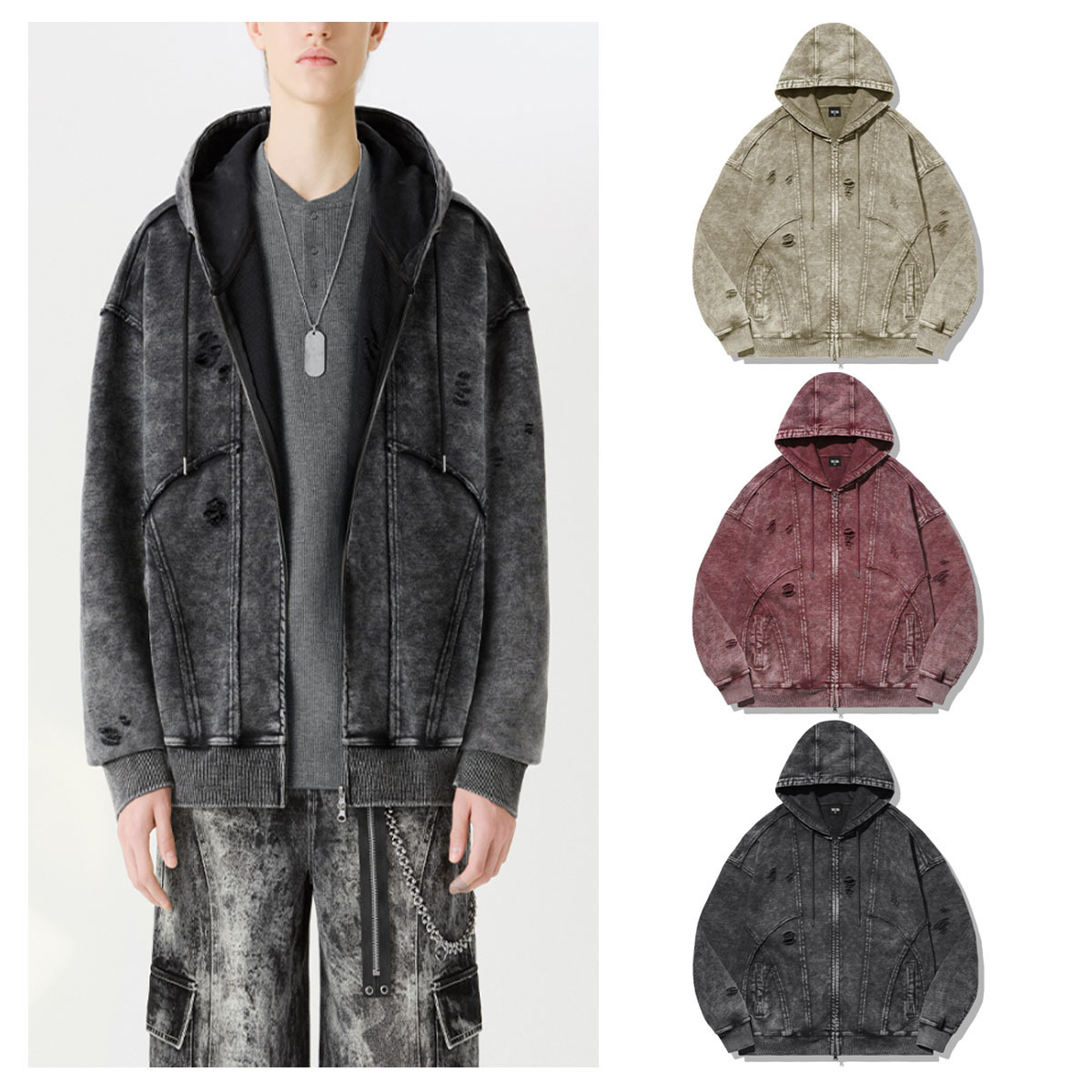 パーカー・フーディ TRILLION Overfit destroyed pigment hood zip up 5JH480