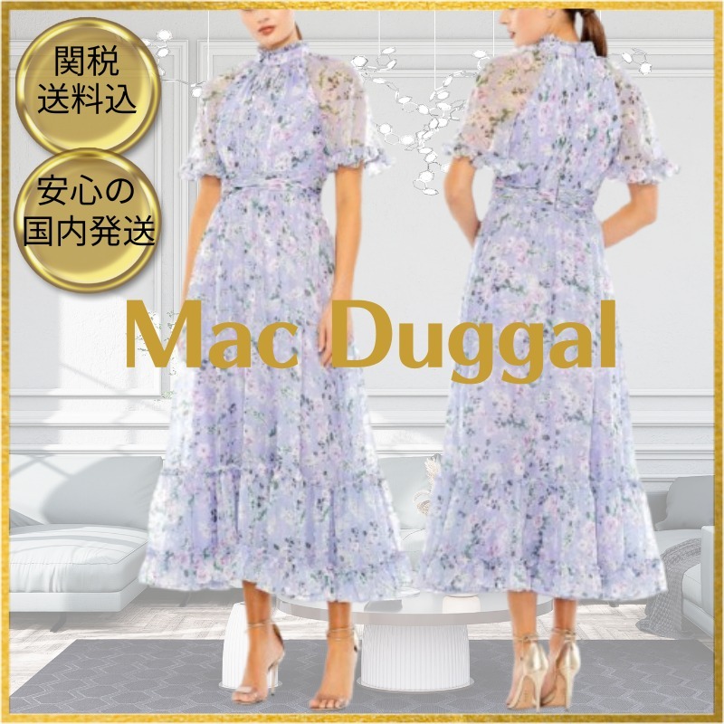 ★Mac Duggal★ 花柄シフォン 半袖 ティアード ミディ ドレス
