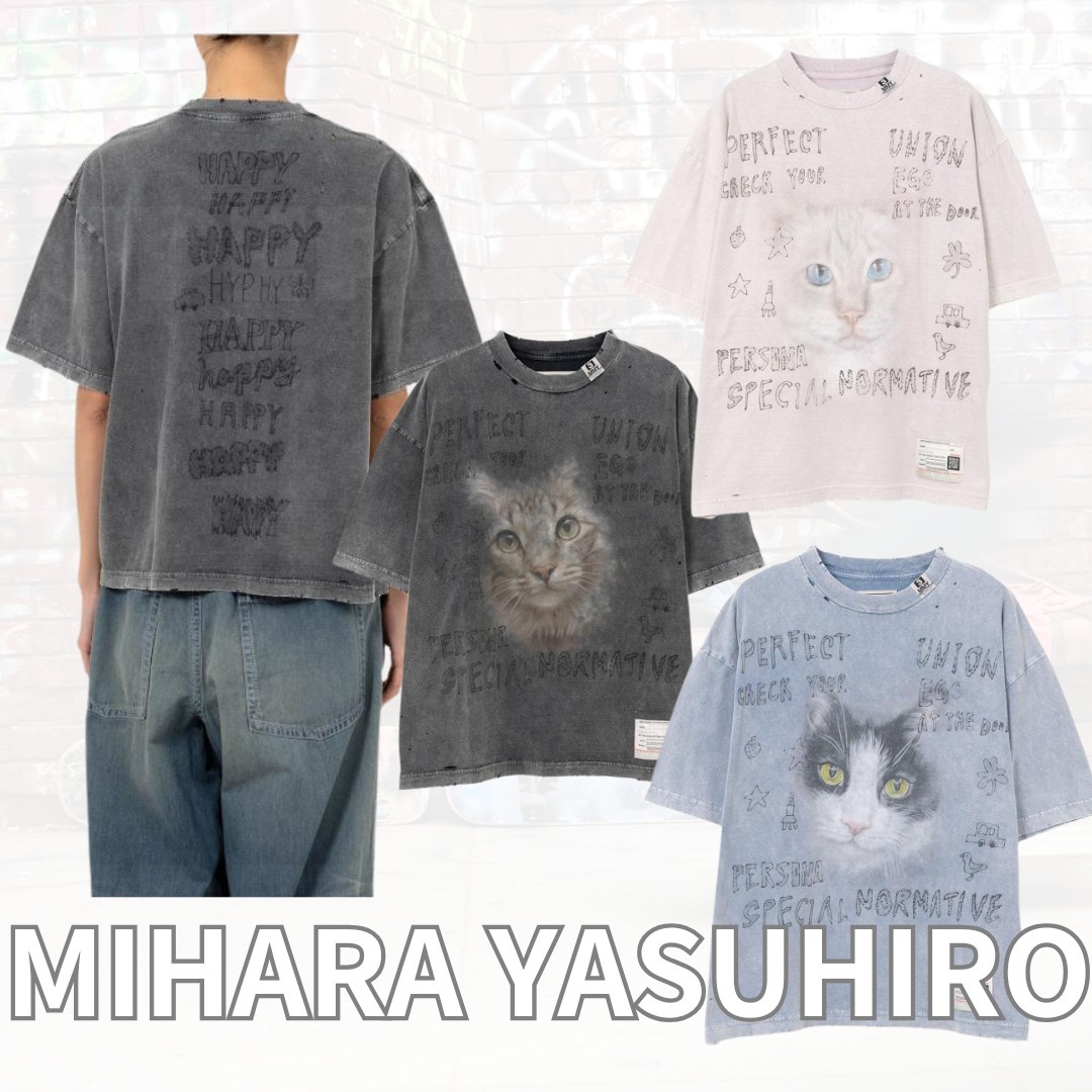 【MIHARA YASUHIRO】Cat Print Bleached T-shirt ねこ ３色