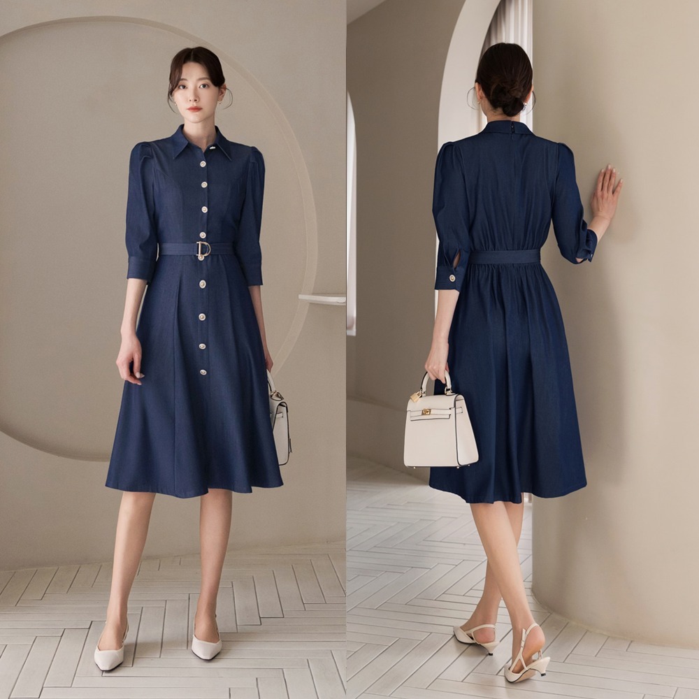 Monad Banding Puffed-sleeved Denim Dress ワンピース