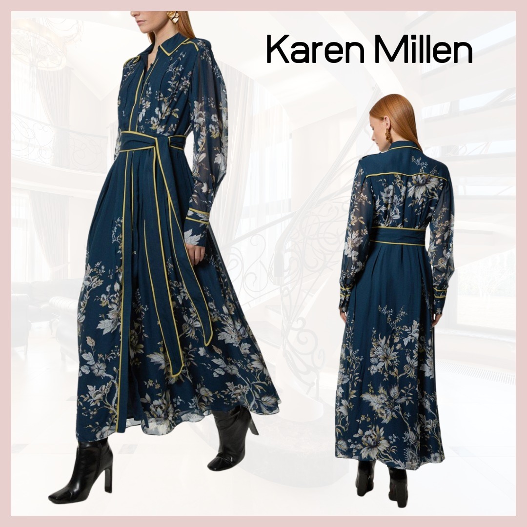 【Karen Millen 】シャツ バルーンスリーブマキシドレス
