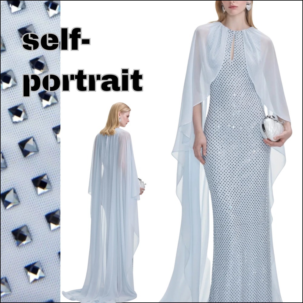 【希少】SELF PORTRAIT ラインストーンケープ マキシドレス 水色 self-portrait】ロングドレス ケープ ラインストーン ブルー
