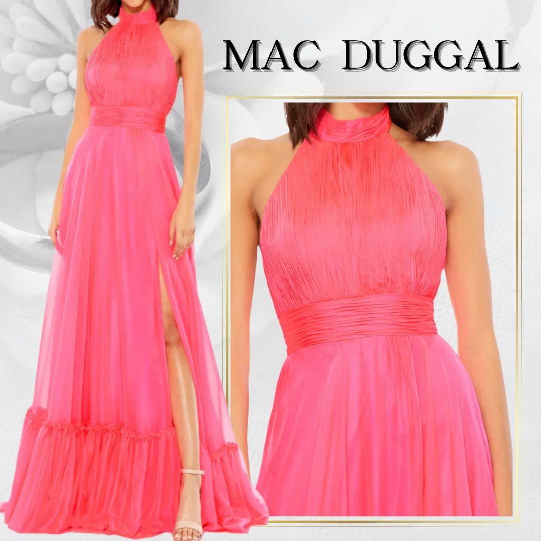 【MAC DUGGAL】ロングドレス ピンク ハイネック シフォン フリル