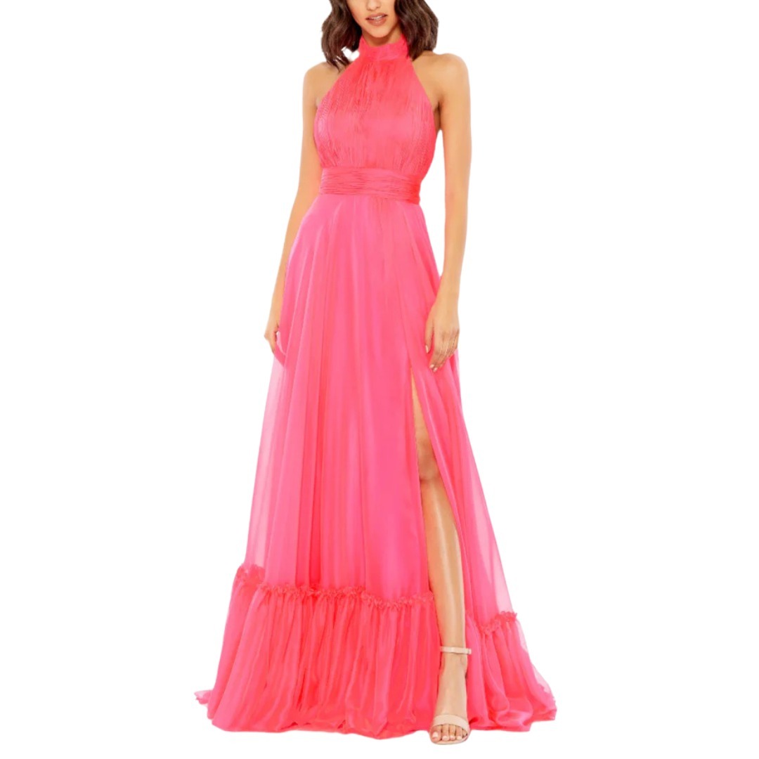 関税送料込【MAC DUGGAL】ロング ドレス 装飾 タイト ピンク MAC DUGGAL】ロングドレス ピンク ハイネック シフォン フリル
