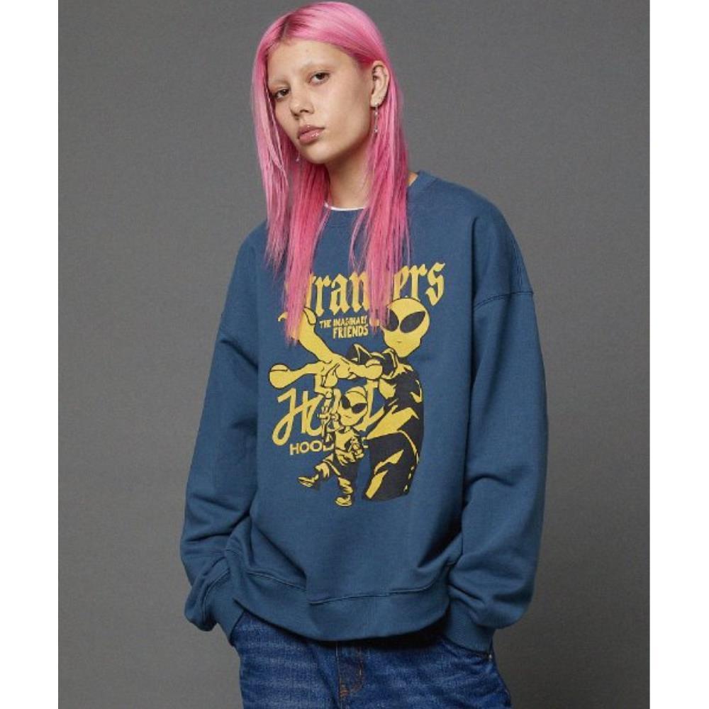◇HOODHOOD◇ Hip Hop Alien Graphic Sweatshirt Light Navy