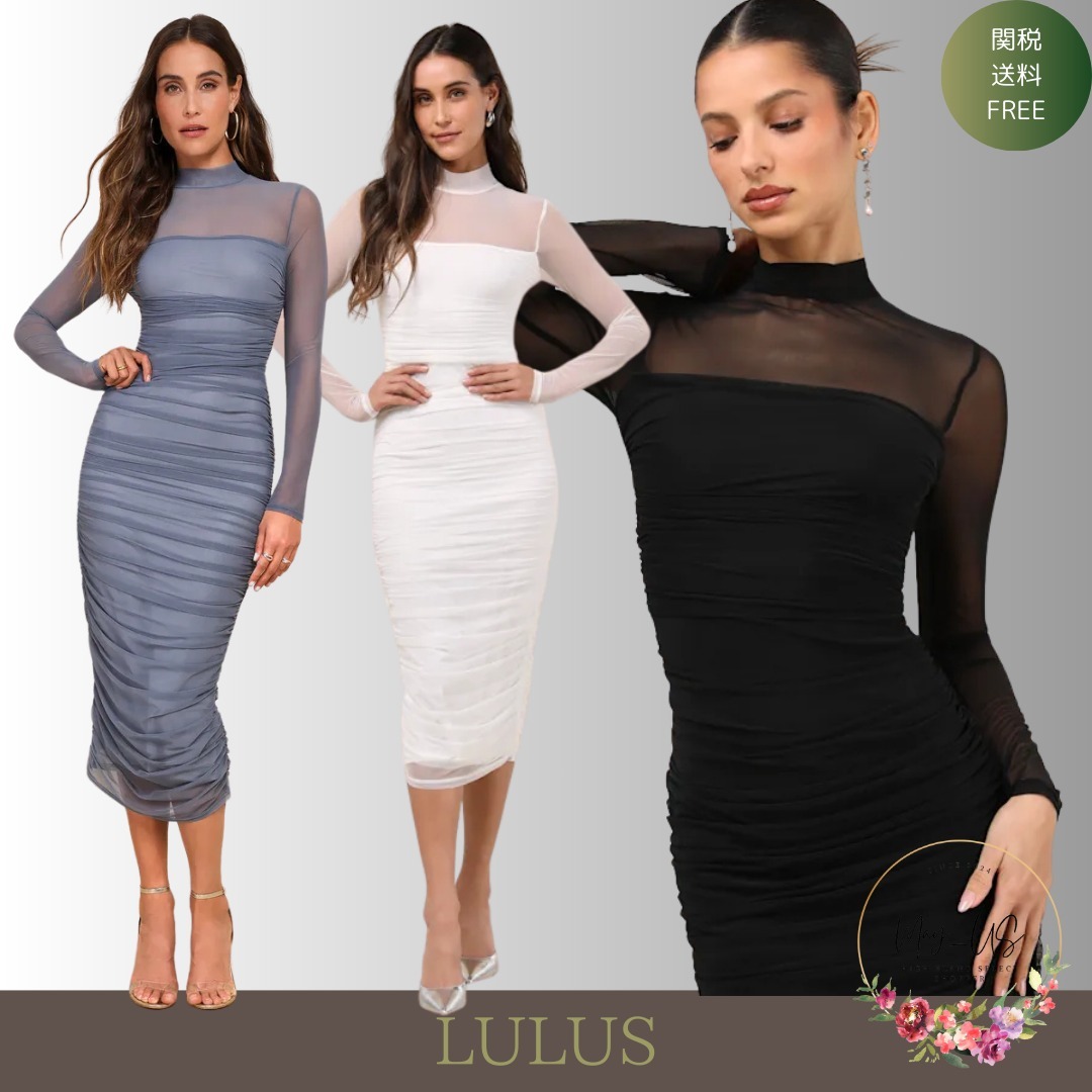 【送料込】Lulus☆メッシュルーシュモックネックミディドレス