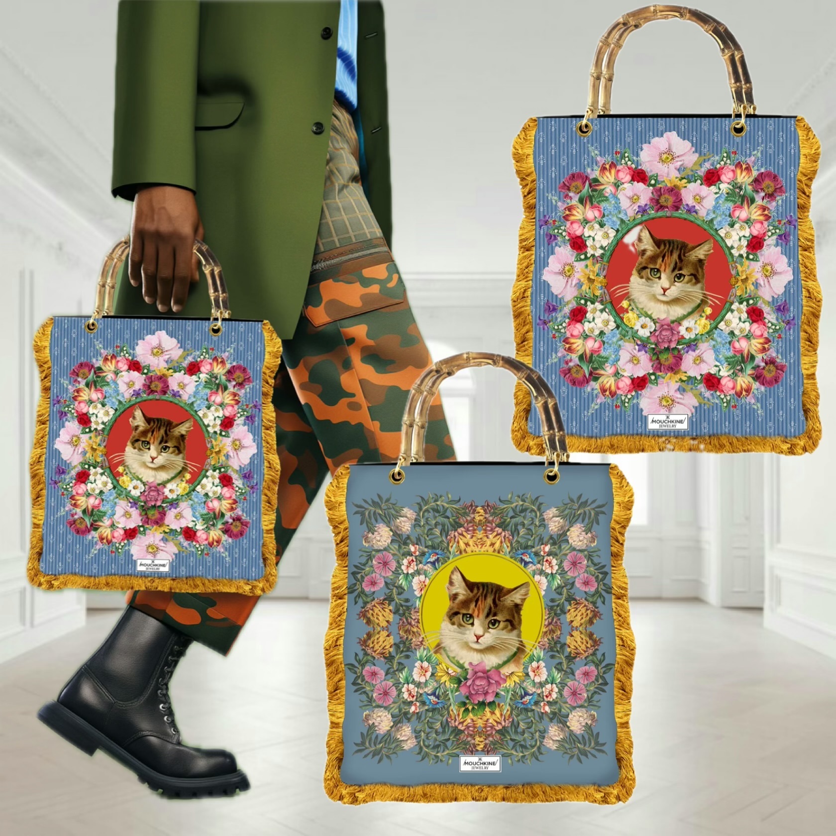 MOUCHKINE JEWELRY 猫 ベルベット ハンドバッグ バンブー