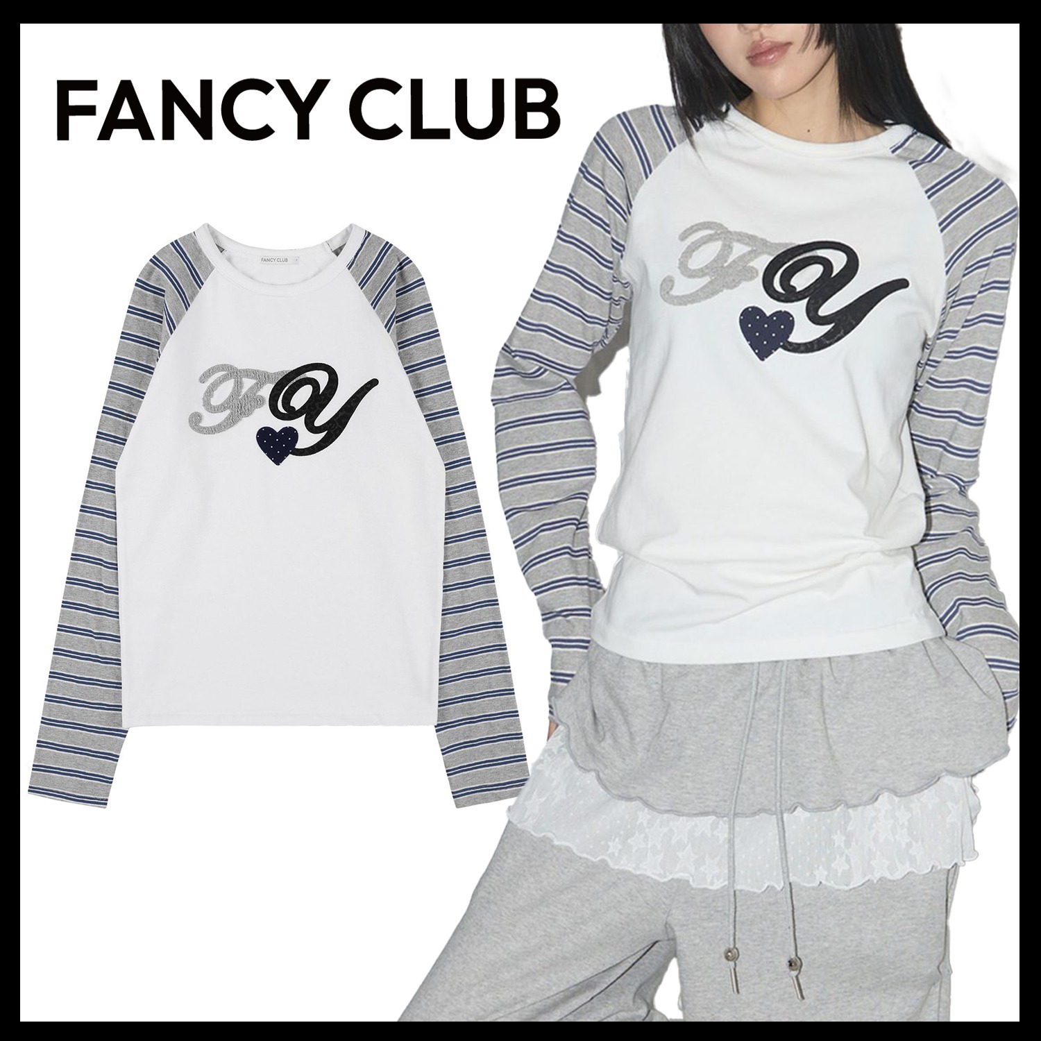 【FANCY CLUB】FY PATCH STRIPE REGLAN TEE ★韓国人気★ 追跡付