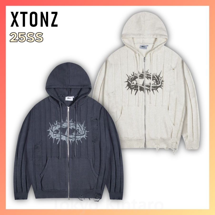 [XTONZ] STAB DAMAGE KNIT HOOD ZIU-UP ★大人気★
