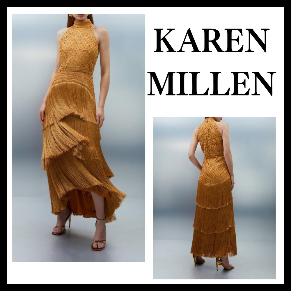 ◆KAREN MILLEN◆フリンジビーズホルターネック織りマキシドレス
