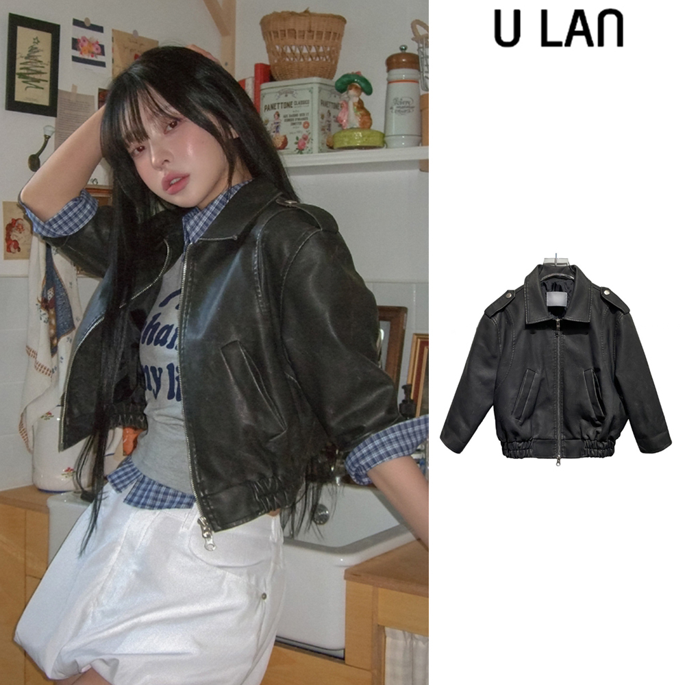 【U LAN】Kender washing two way crop leather jacket
