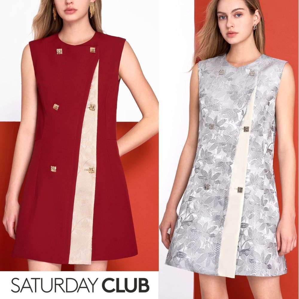Saturdayclub ダブルブレストジャガード ミニワンピース Uネック