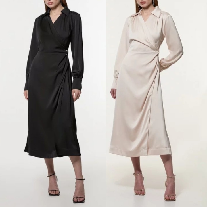 安心追跡【KAREN MILLEN】サテン バッククレープ ミディ ドレス