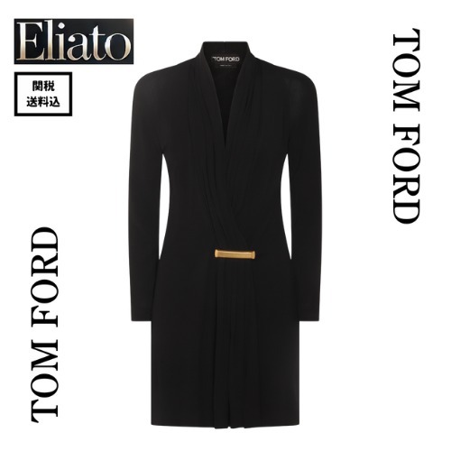 TOM FORD★V-NECK LONG SLEEVE COCKTAIL DRESS WITH BAR DETAIL
