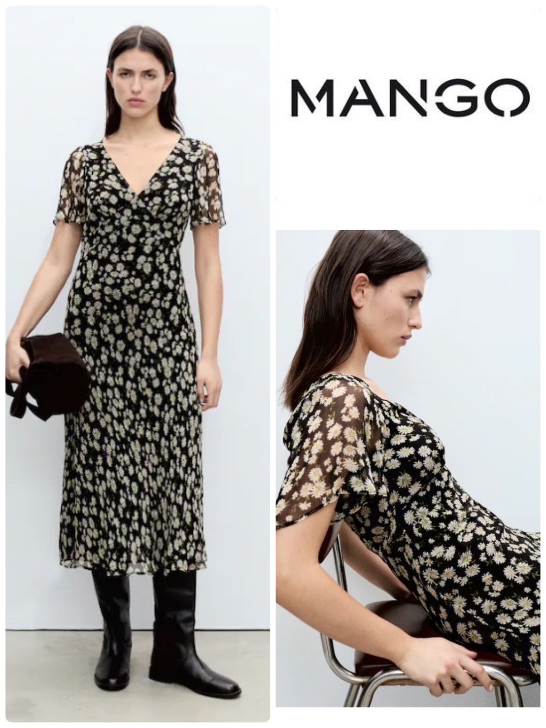 スペイン発送 MANGO フローラルプリントストレートミディドレス