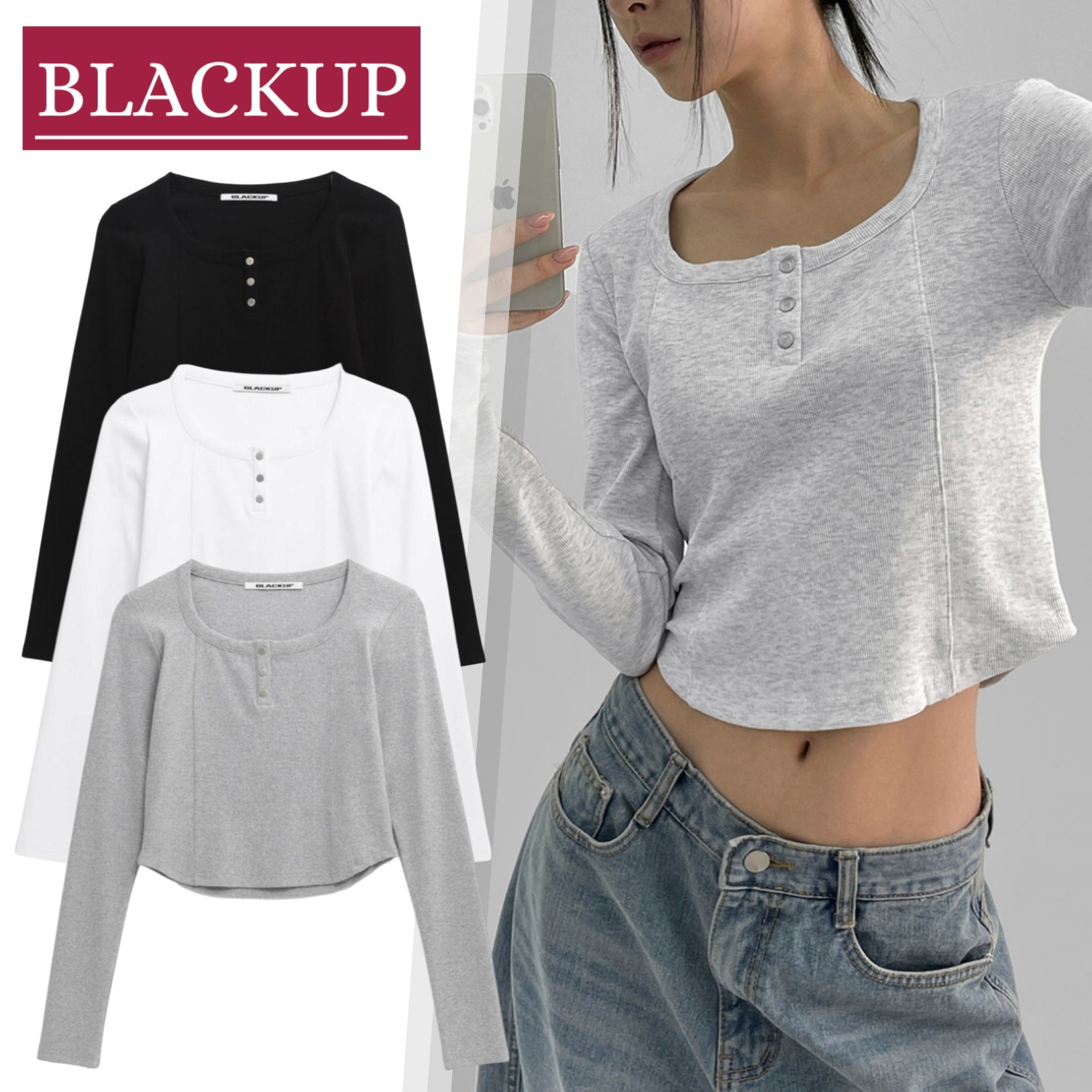 韓国発【BLACKUP】ダービオンスナップラウンド長袖Tシャツ