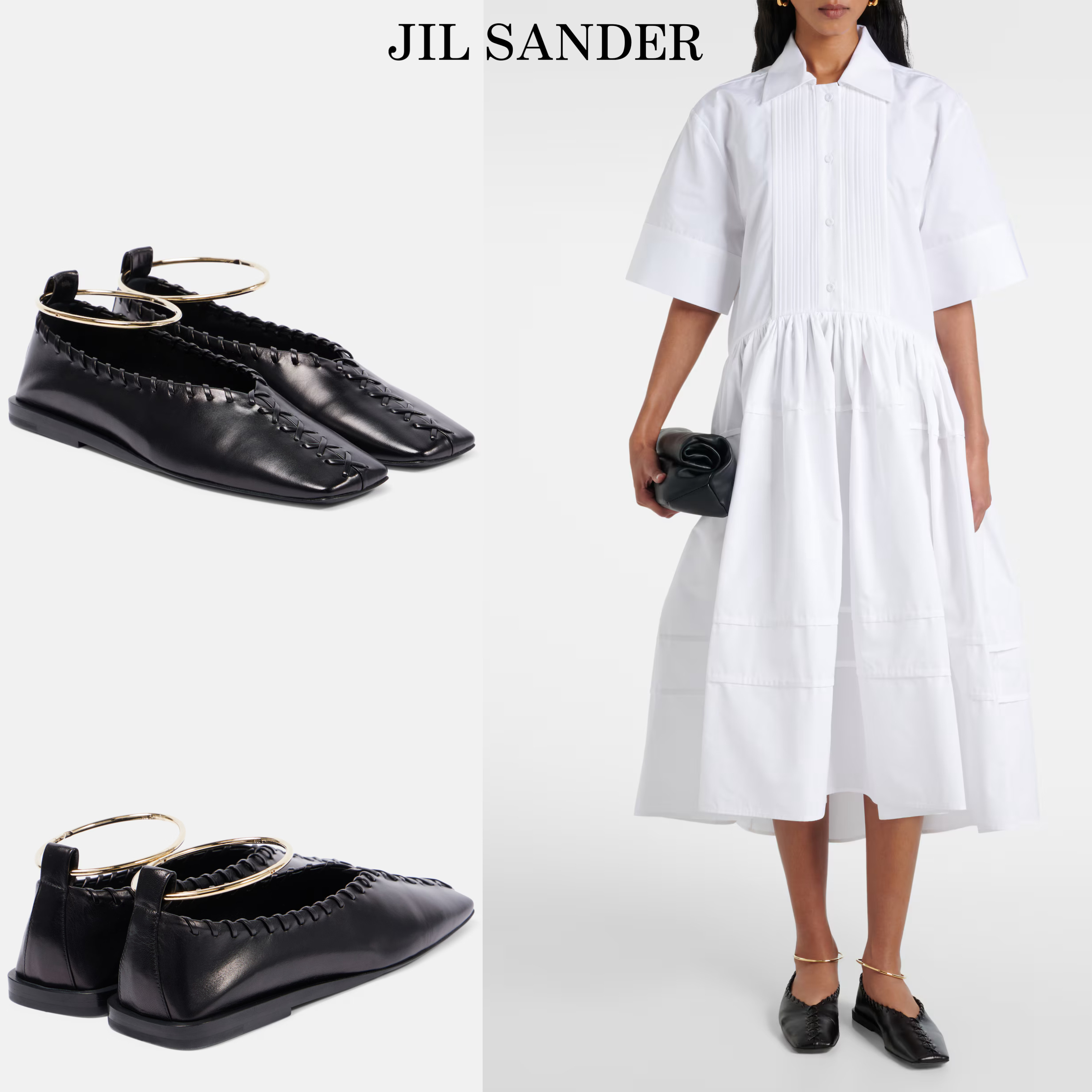*Jil Sander*レザーバレリーナ フラット スクエアトゥ ブラック
