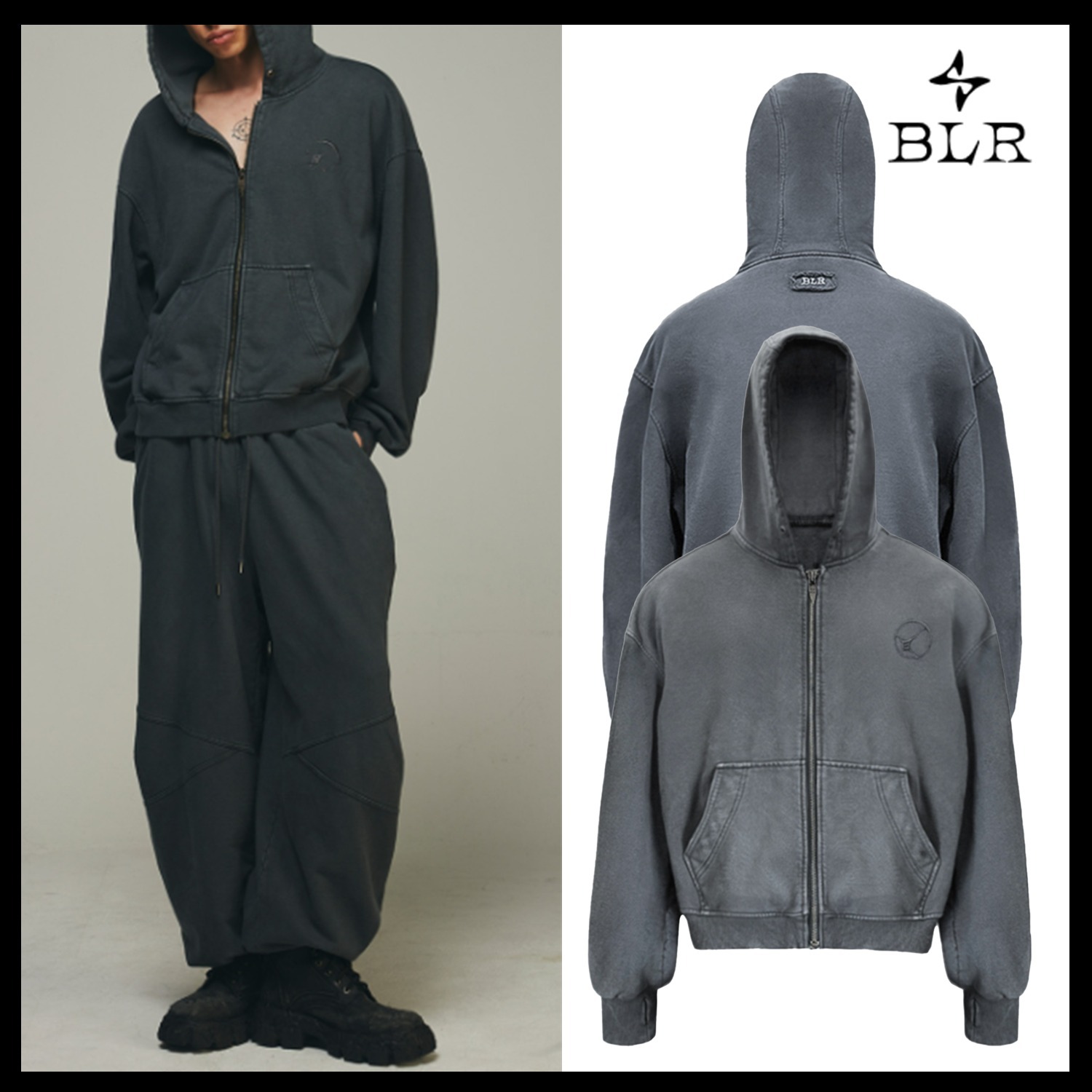 【BLUER/BLR】Dyed Circle Logo Over-fit Hoodie Zip-up/追跡付