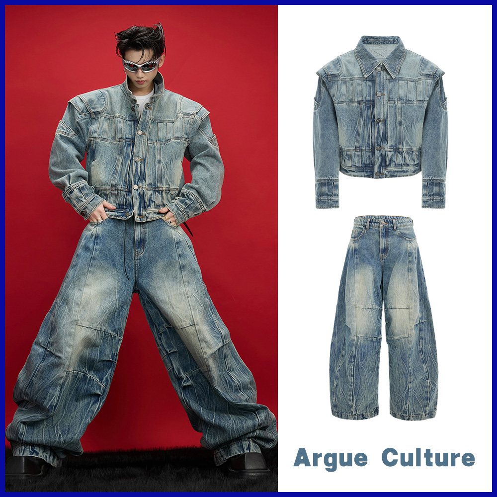 ArgueCulture個性的竹柄デニムジャケット＆ワイドパンツセット