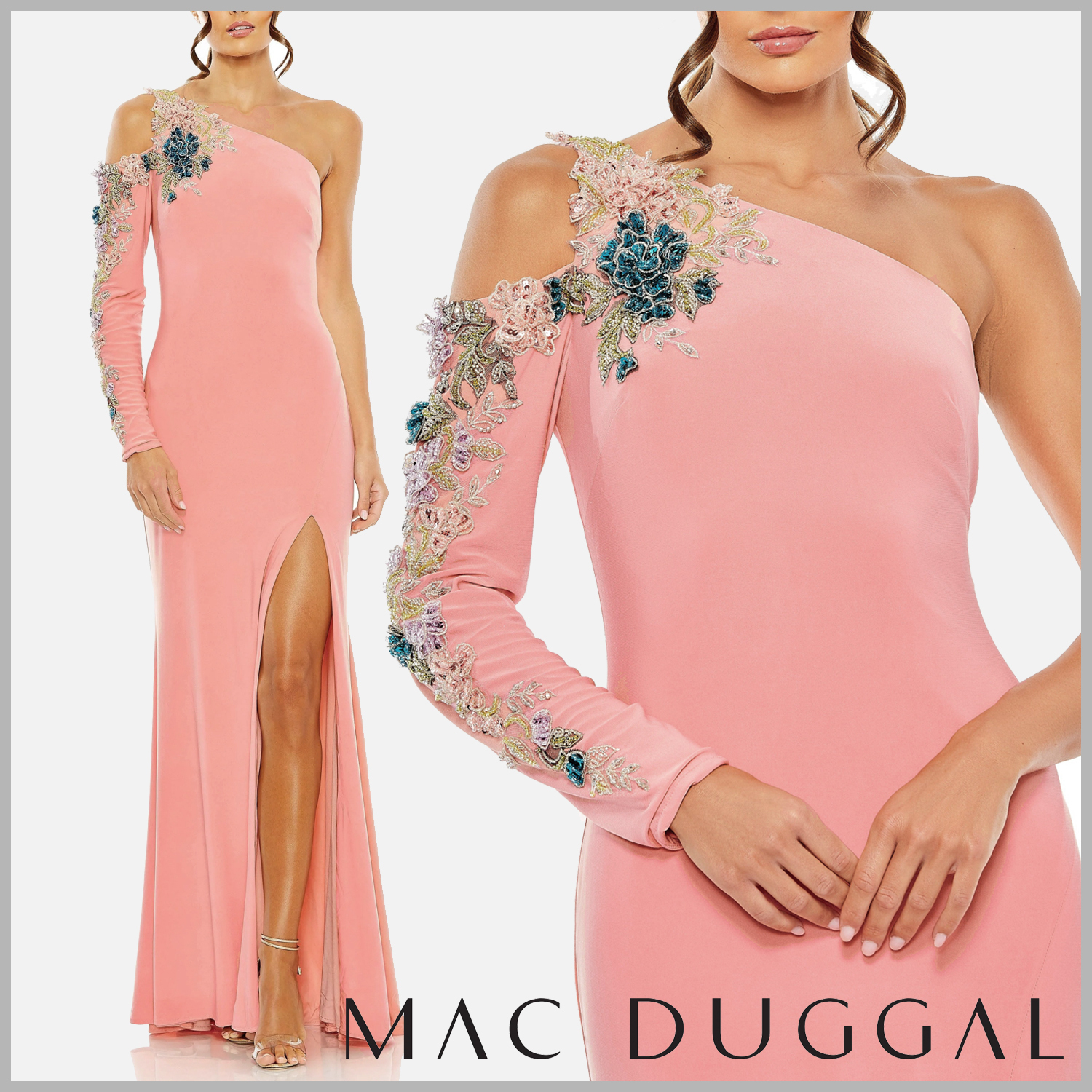 【Mac Duggal】花柄刺繍でエレガントなピンクのロングドレス