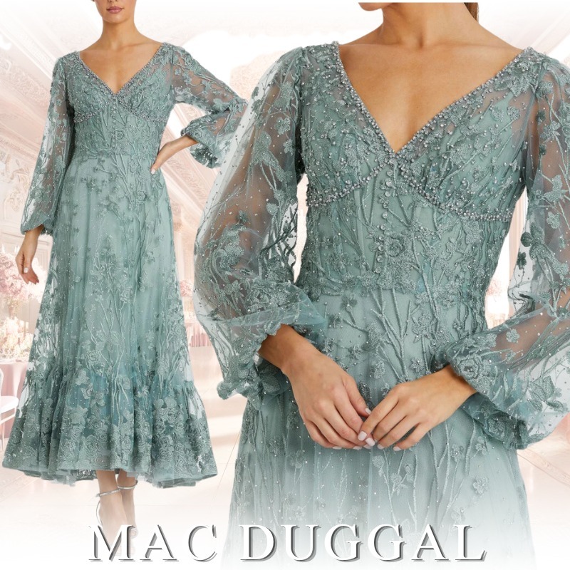 MAC DUGGAL Vネックフローラルメッシュパフスリーブドレス 長袖