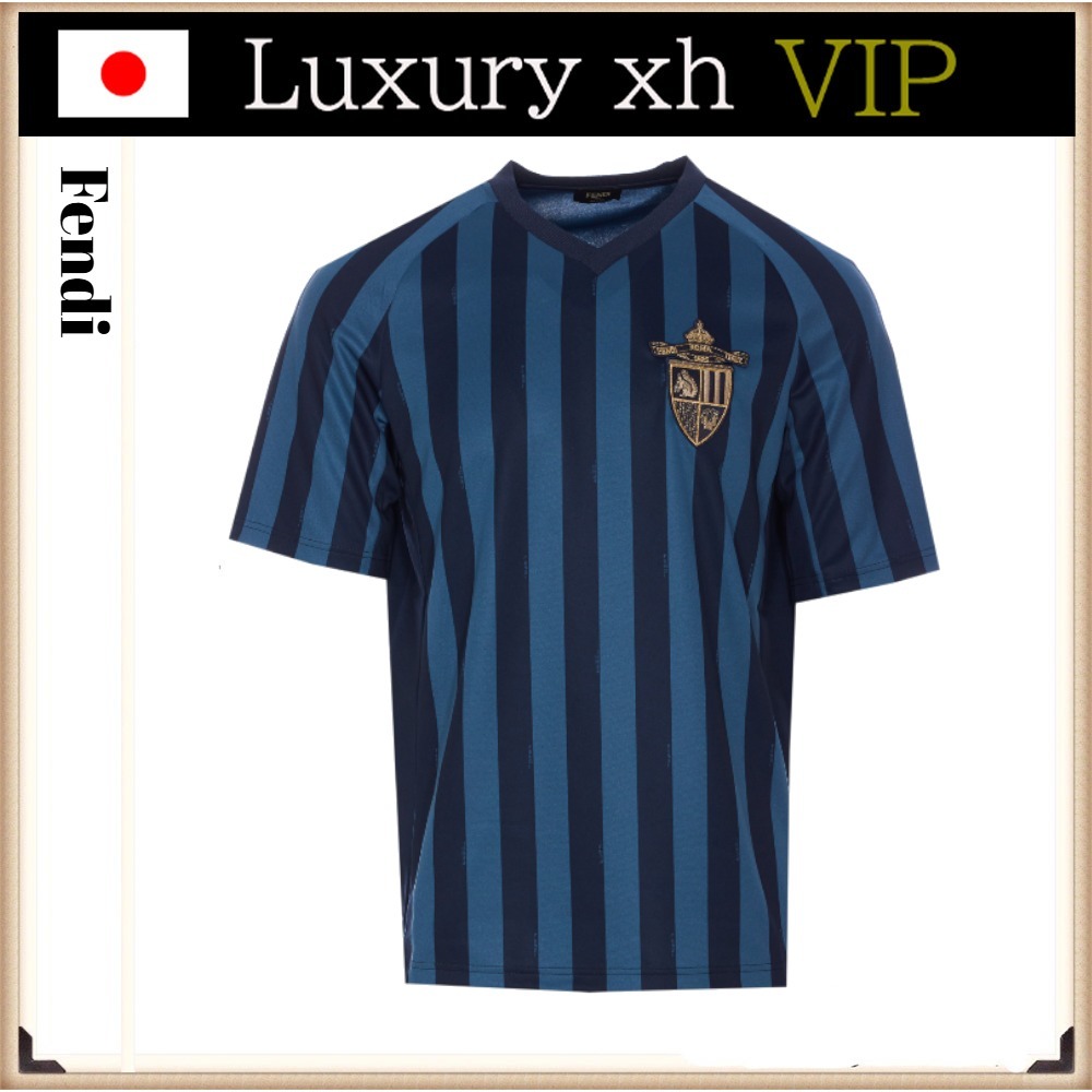 25SS FENDI CREST PEQUIN STRIPE Vネック ロゴワッペン Ｔシャツ
