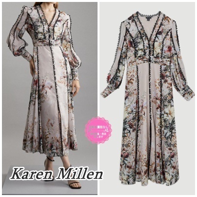 残わずか【国内発送】Karen Millen Vネック★花柄マキシ丈ドレス