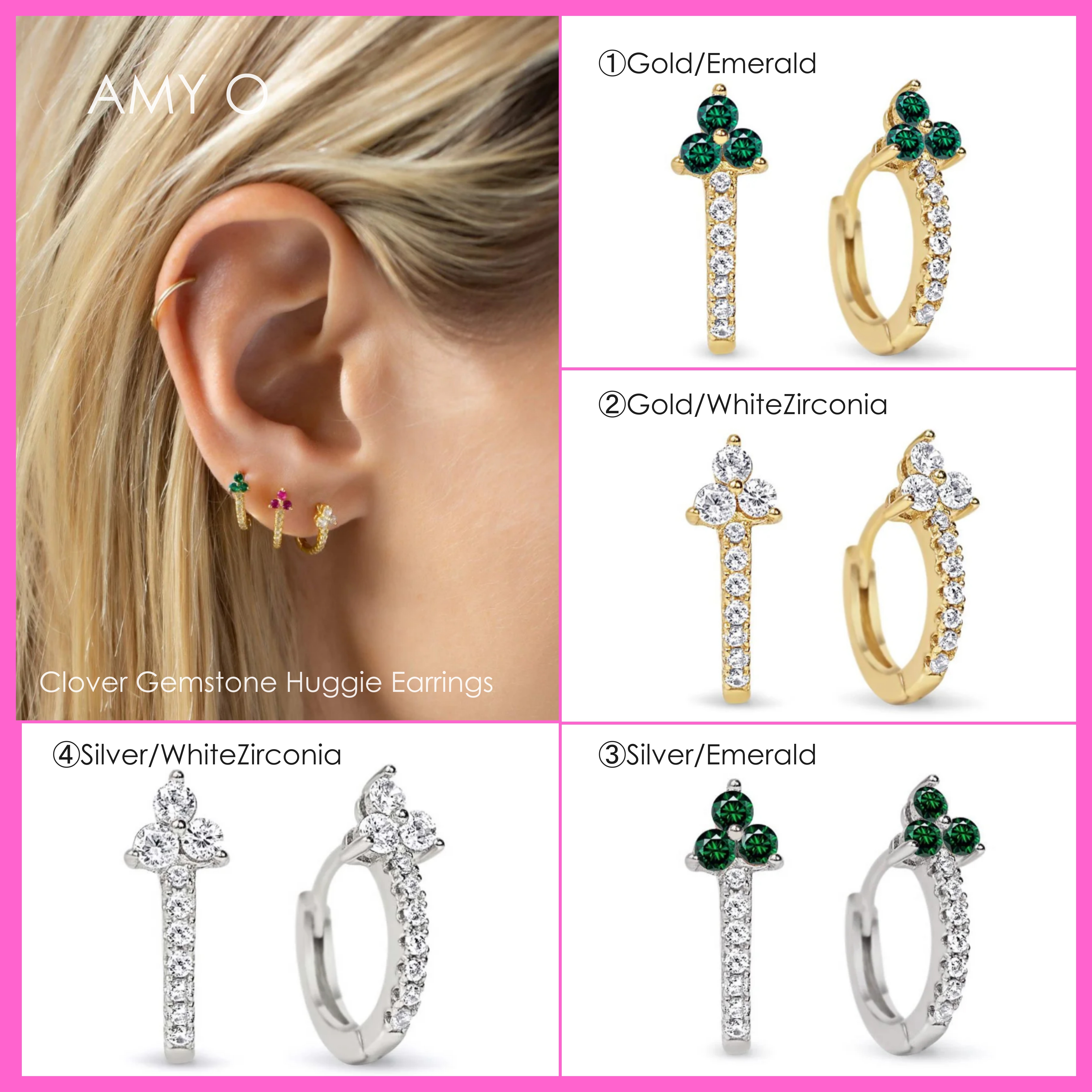送料税込【AMY O】Clover Gemstone Huggie Earrings (4種)国内発