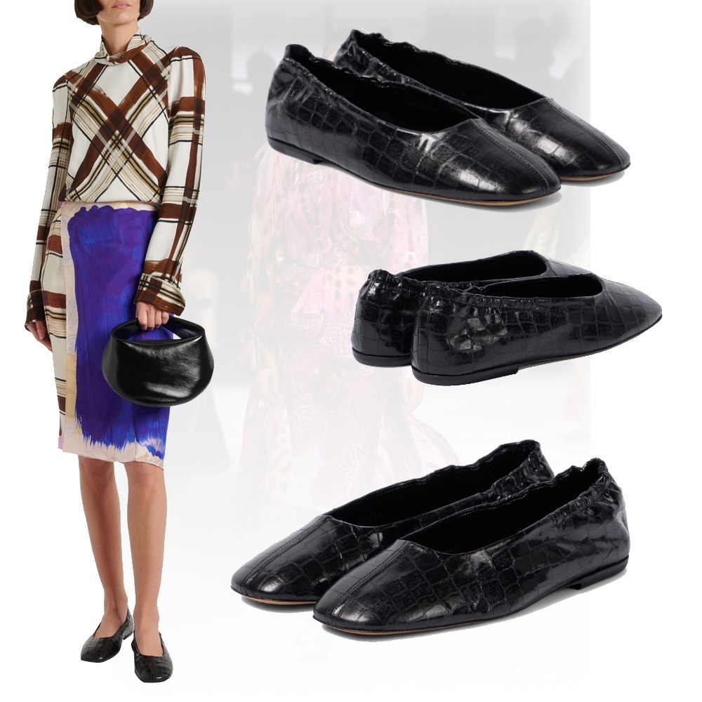 【DRIES VAN NOTEN】Croc-effect leather バレエフラット Black
