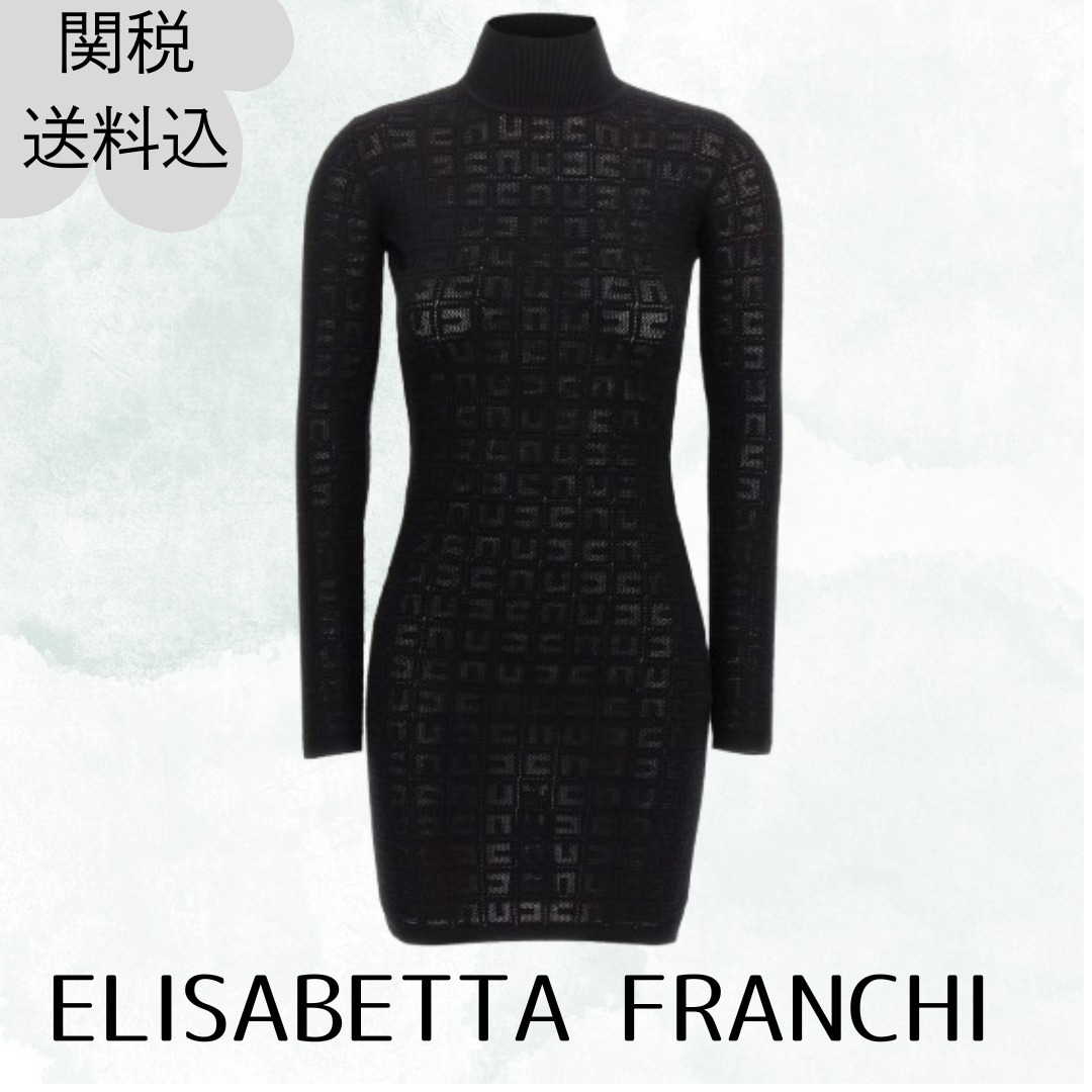 残り1点【ELISABETTA FRANCHI】透かしロゴドレス ハイネック 黒