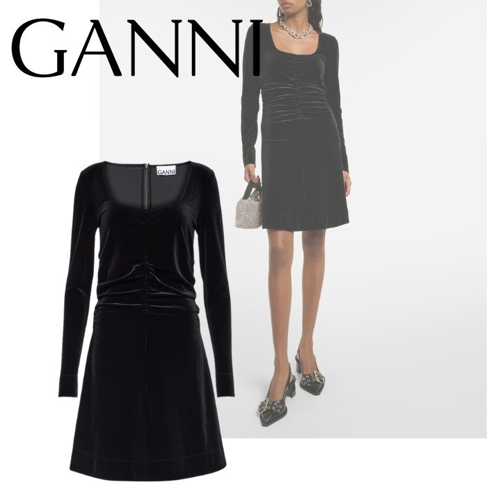 【GANNI】シャーリング ベルベット ミニドレス ブラック