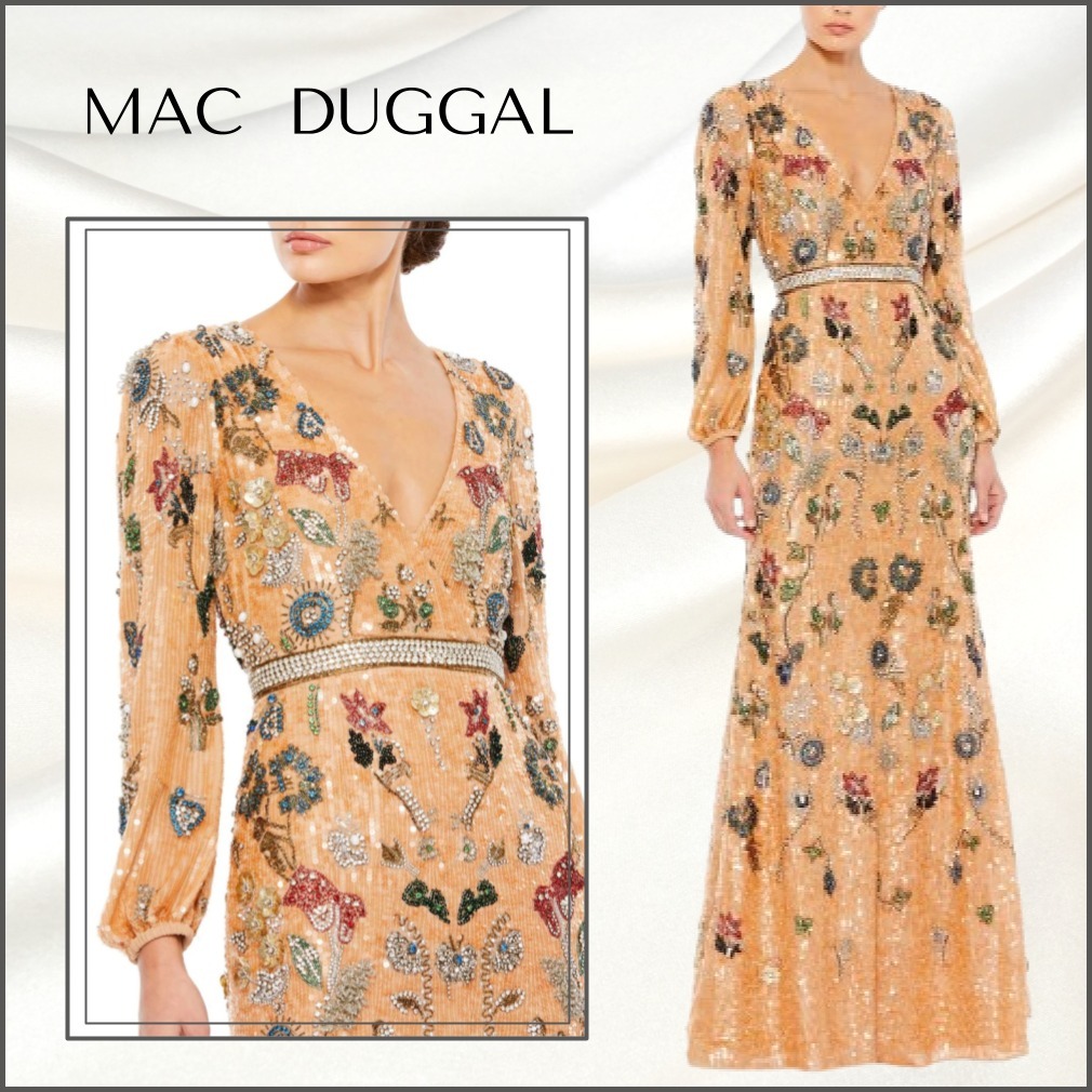 関税送料込【MAC DUGGAL】ロング ドレス ビジュー 花柄 オレンジ