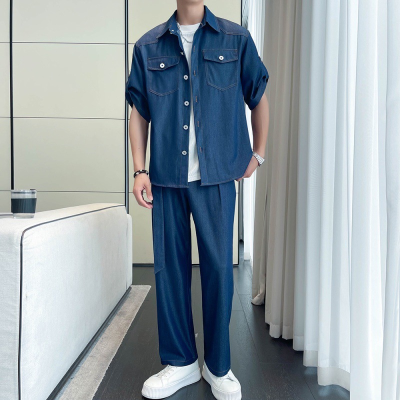 デニム 半袖シャツ パンツ セットアップ カジュアル 2色 M-3XL