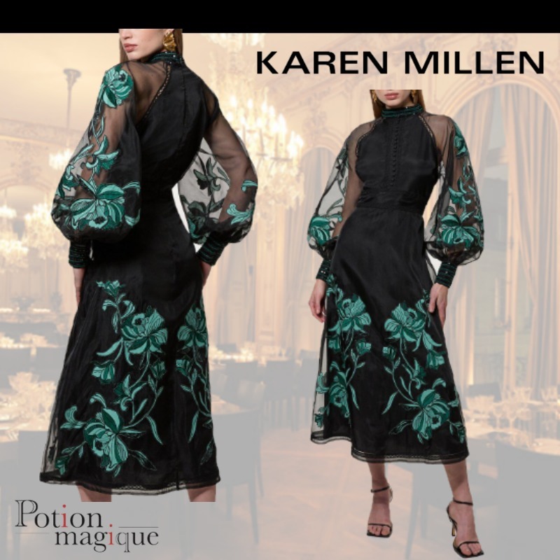 【KAREN MILLEN】花刺繍オーガンジー織りミディドレス 関税込 KAREN MILLEN】花刺繍オーガンジー織りミディドレス 関税込