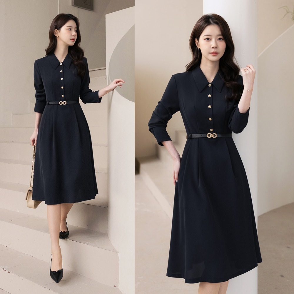 Laen Collar Flare Belt One-Piece Dress ワンピース