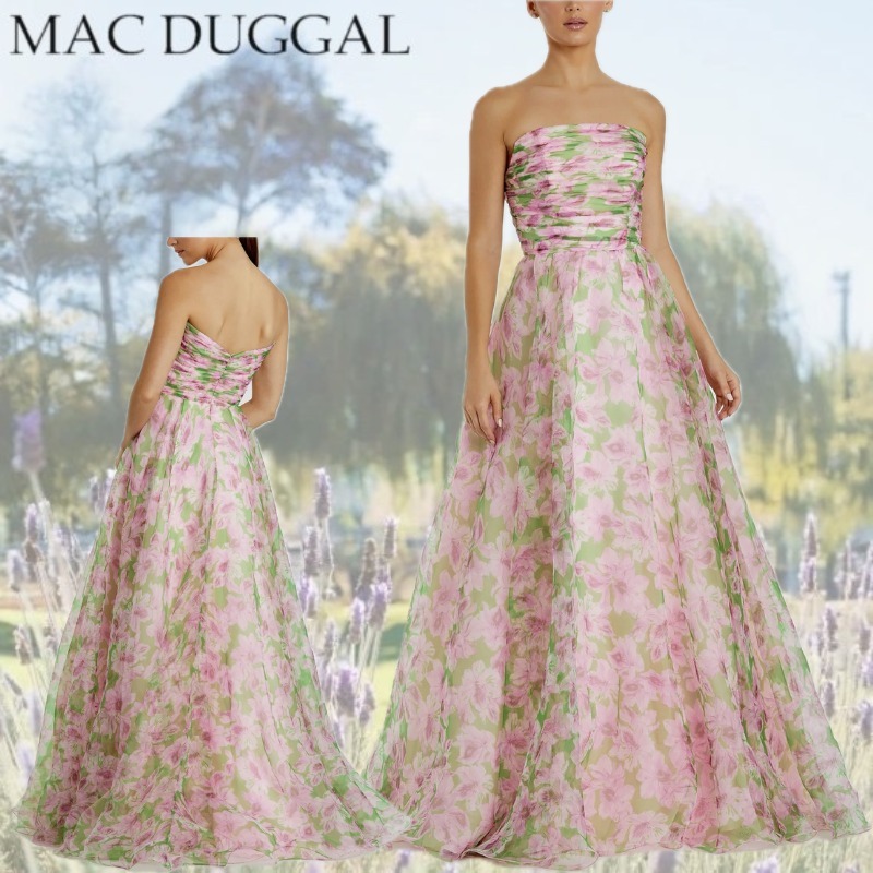 【Mac Duggal】フリルディテール付ストラップレスシフォンガウン