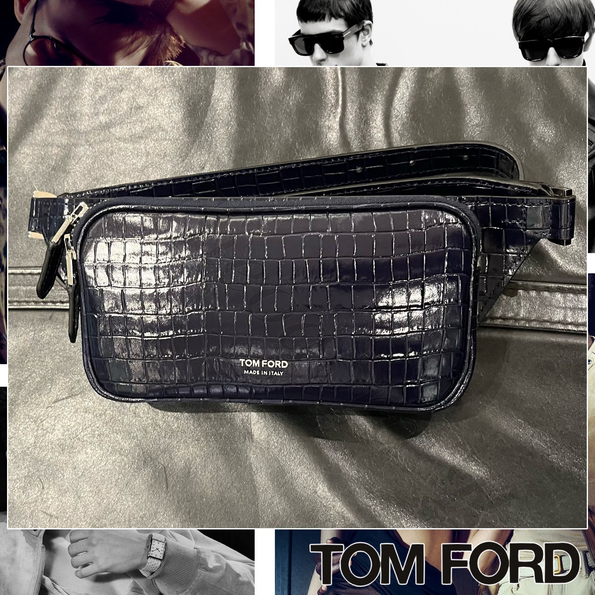 TOM FORD ロゴ クロコ型押しレザー ベルトバッグ ネイビーブルー
