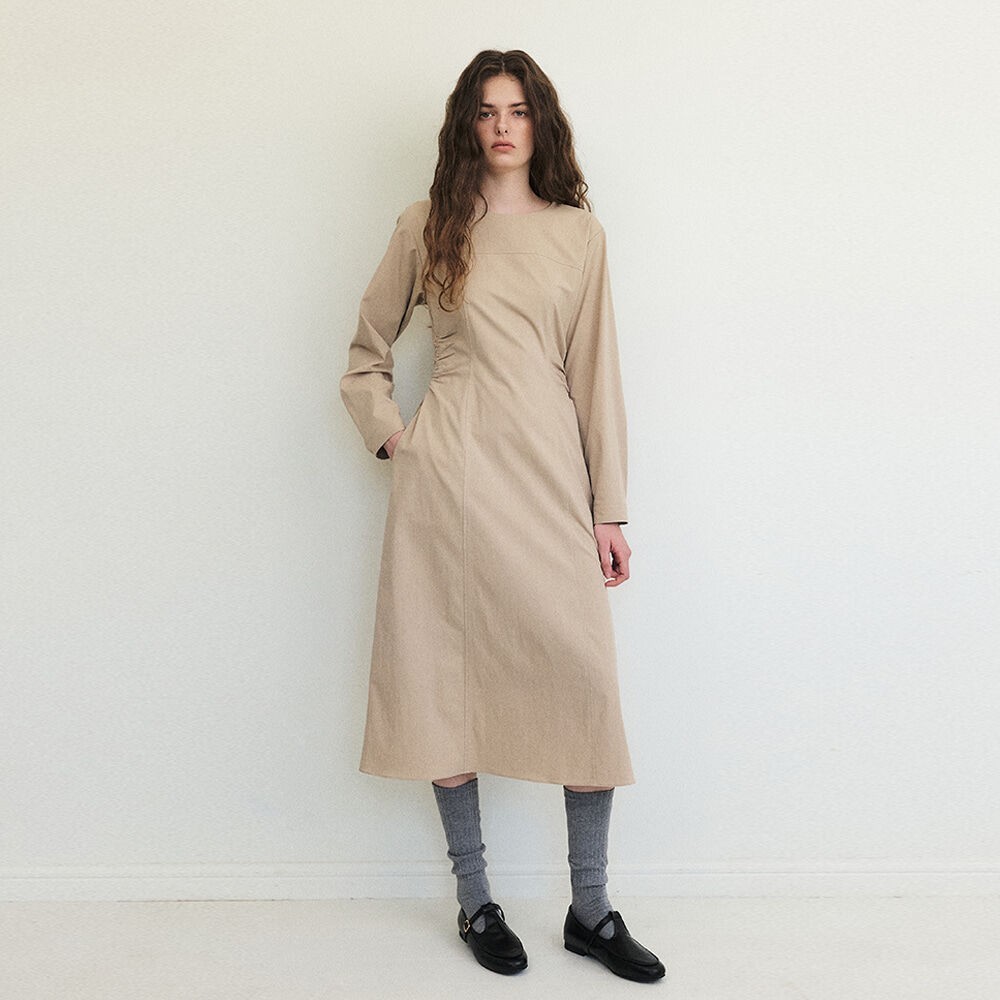 ワンピース ETMON Side Tuck Shirring Dress, Beige