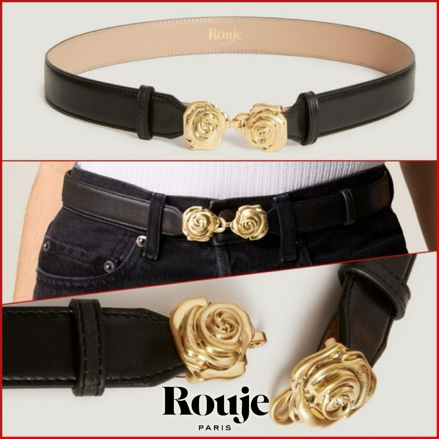 関税込★Rouje★本革 ローズ 薔薇 ダブルバックル レザー ベルト