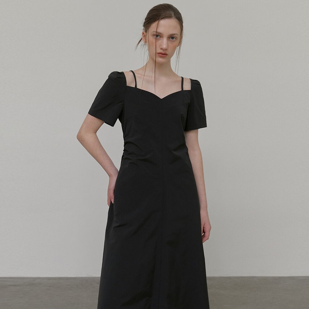 ワンピース ETMON Heart Strap Shirring Dress, Black