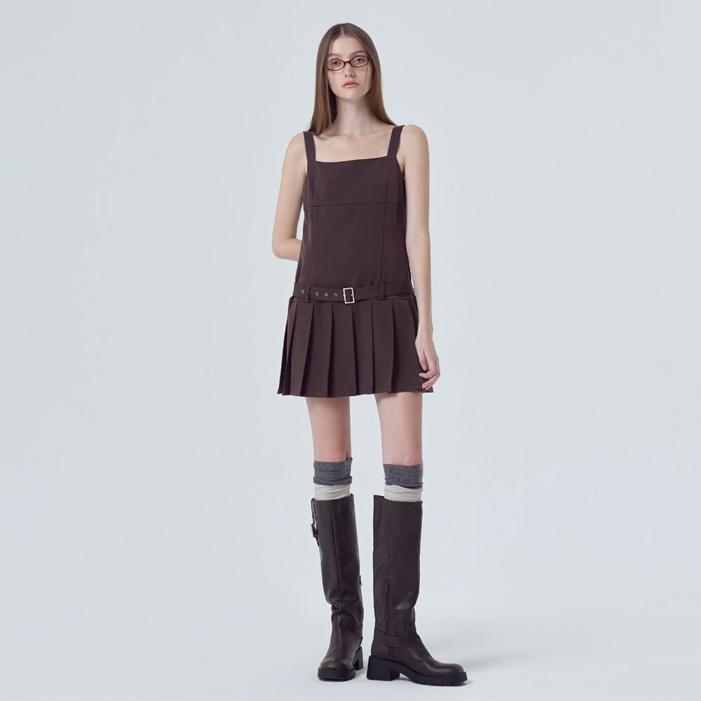 ワンピース ETMON Low Pleats Belt Mini Dress, Brown