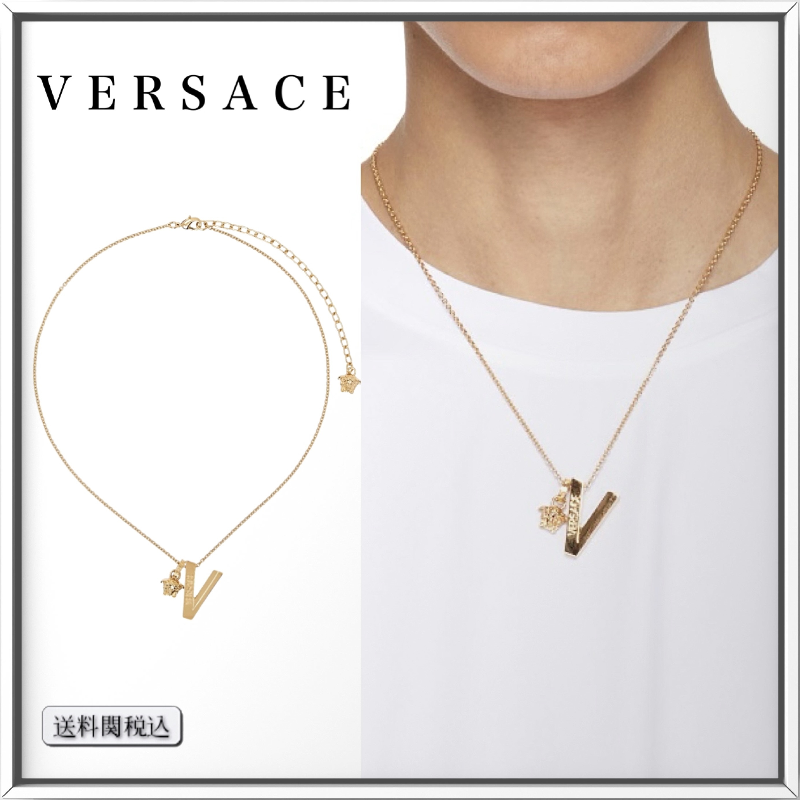 VERSACE ゴールドトーン ロゴ メデューサ チャーム ネックレス