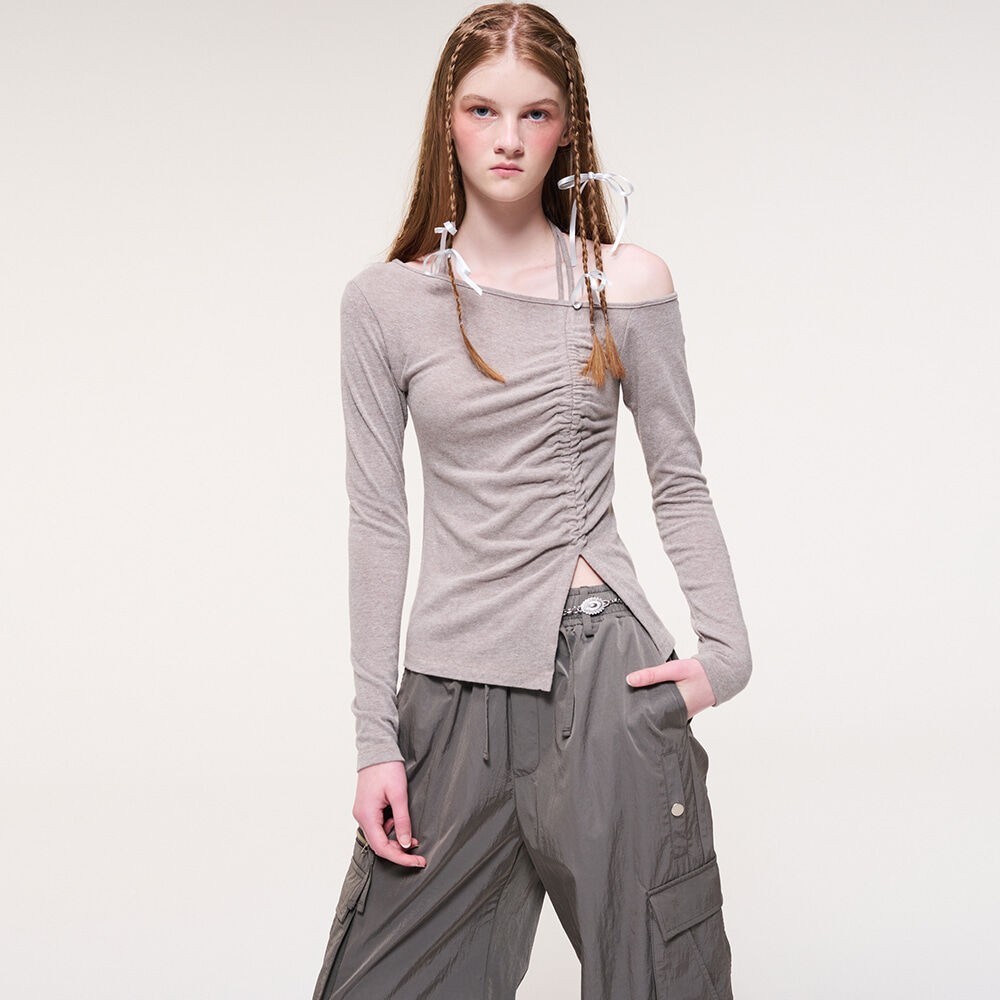 Tシャツ・カットソー ETMON String One Off Shoulder TShirt, Ash Brown