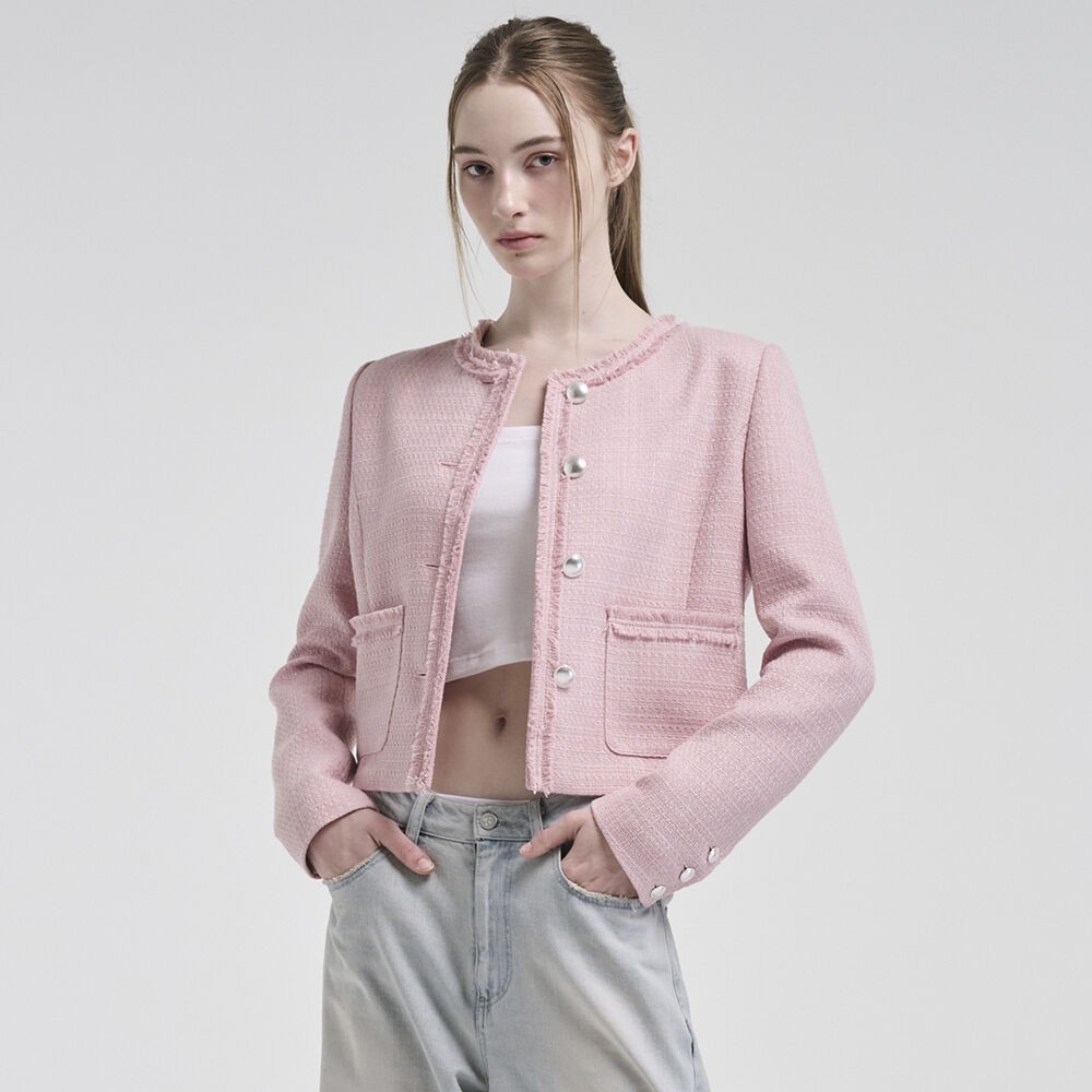 ジャケット ETMON Fringe Detail Tweed Jacket, Pink