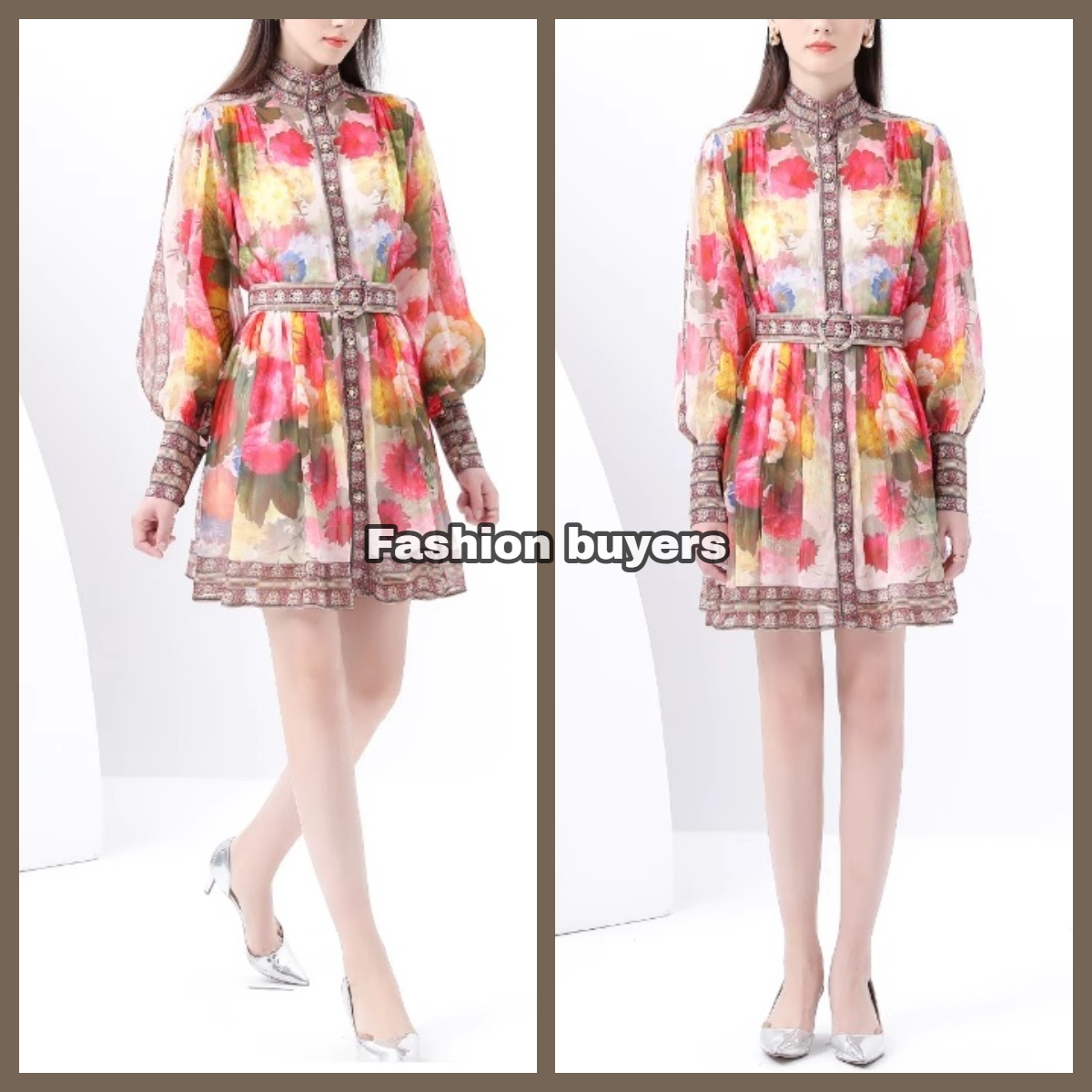 セットアップ 花柄 シフォンドレス ひざ上 パフ袖 透け感