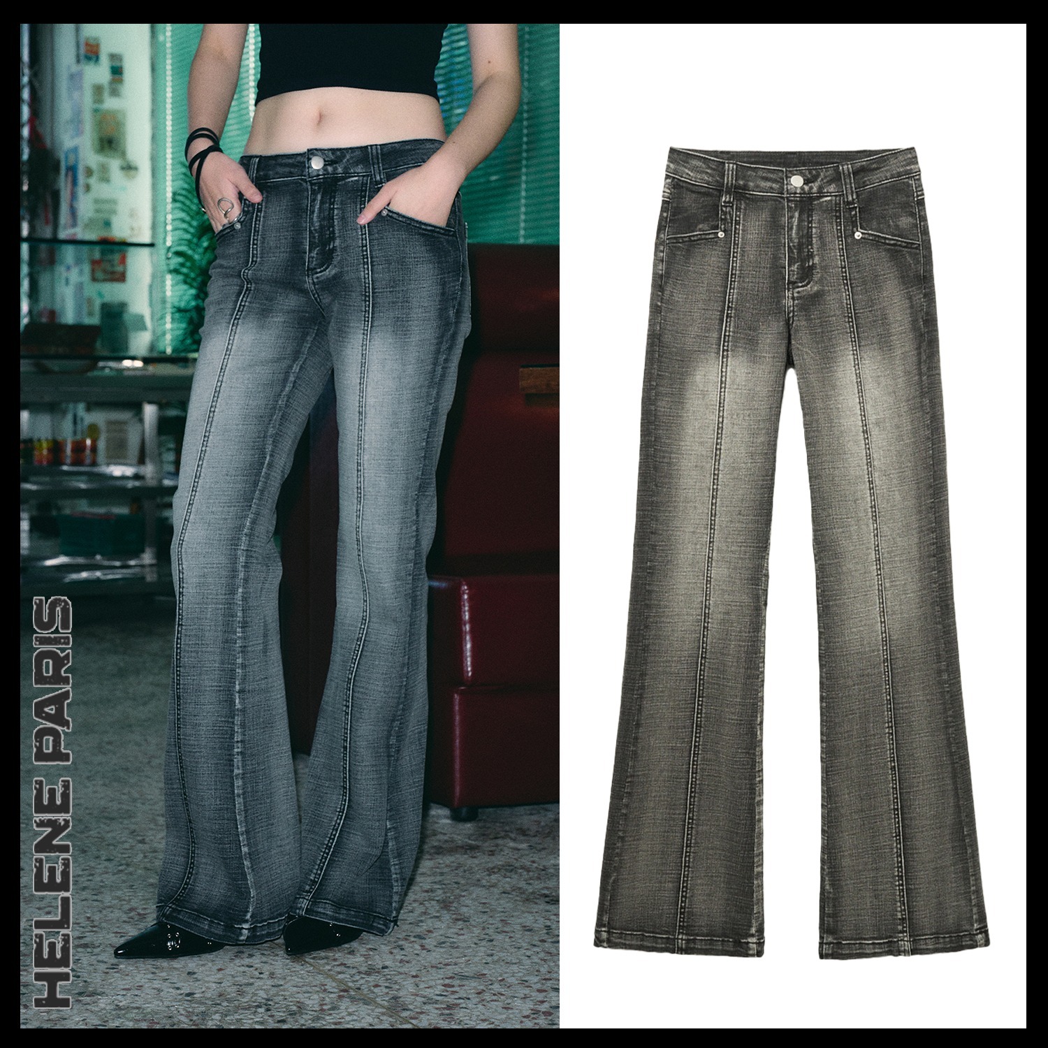 【HELENE PARIS】Faded Washed Bootcut Denim Pants / 追跡付