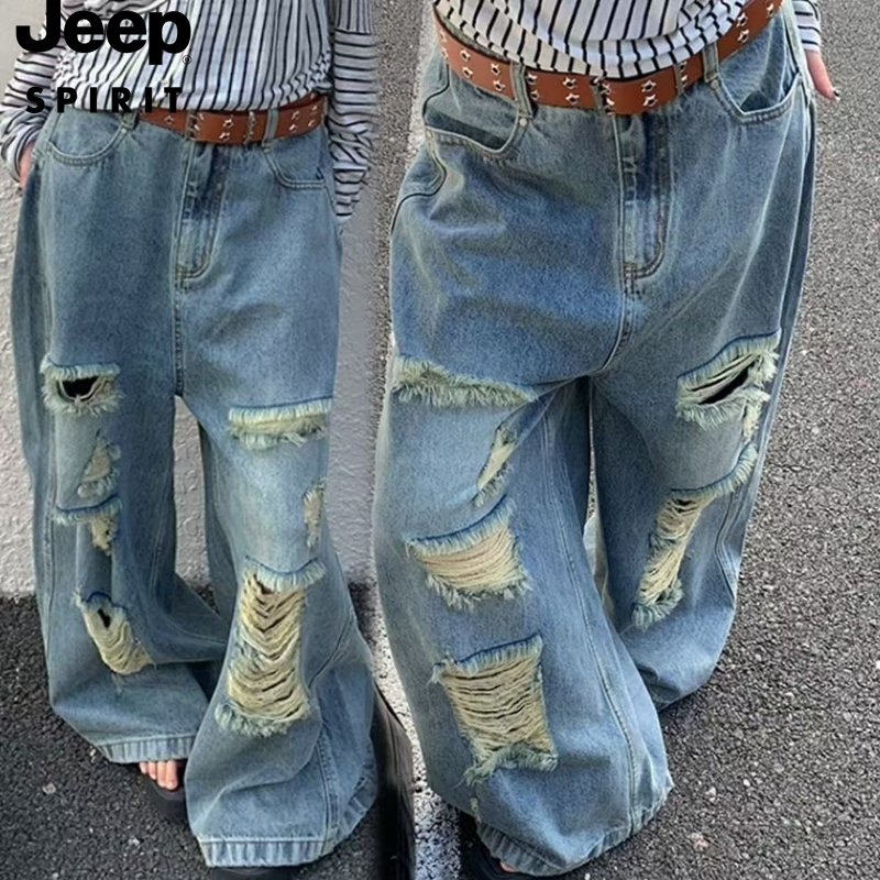 jeep ワイドデニムパンツ レディースライトウォッシュドダメージ
