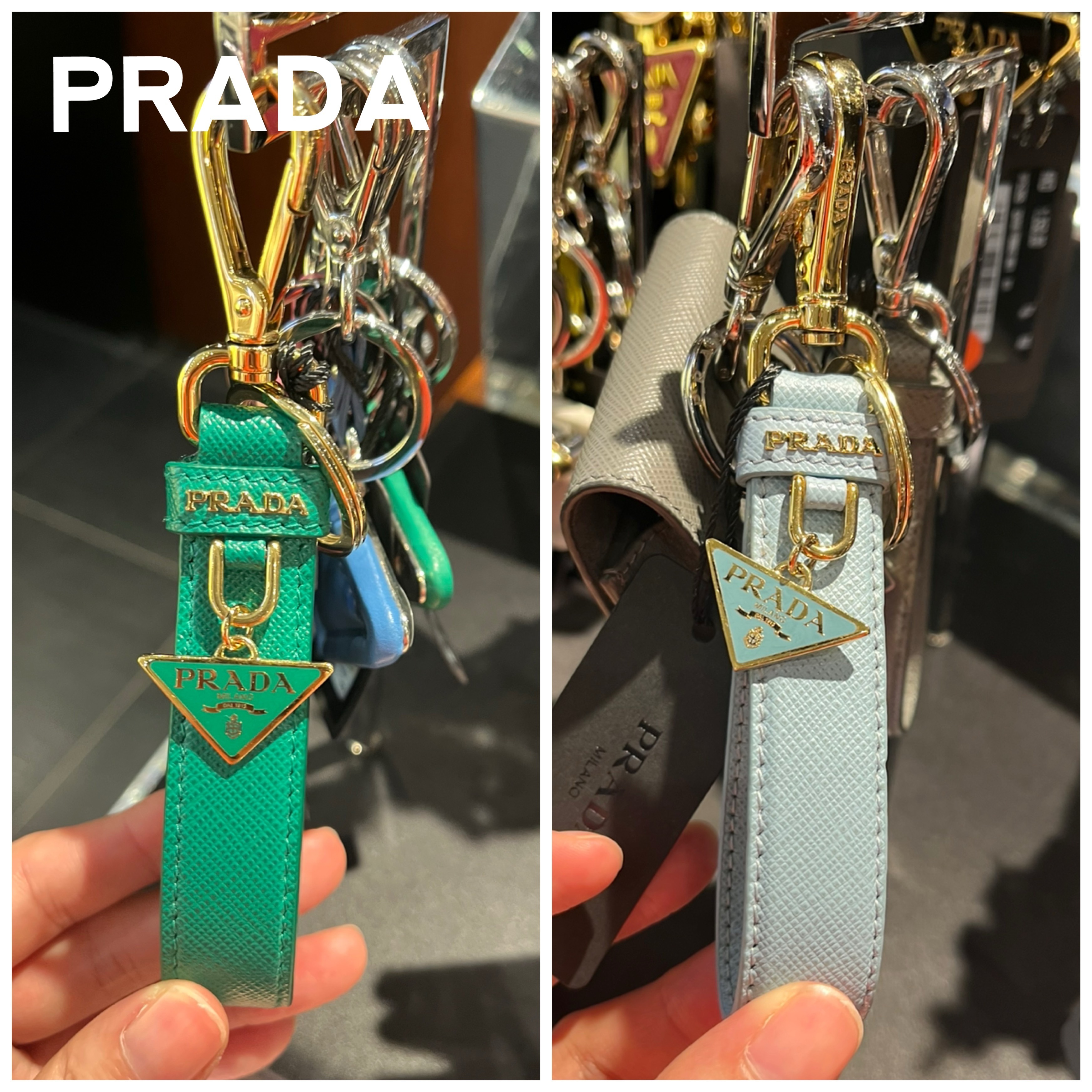 【PRADA】ギフトにも★サフィアーノレザー 三角ロゴキーリング